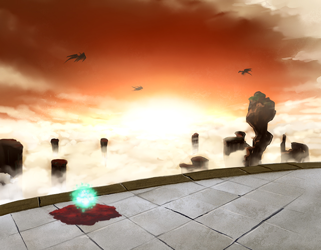 dark souls (series), dark souls ii, commentary request, blood, blood splatter, cloud, dragon, in-universe location, no humans, orange sky, outdoors, pillar, rolling nekoyanagi, scenery, sky, standing, sun, sunset