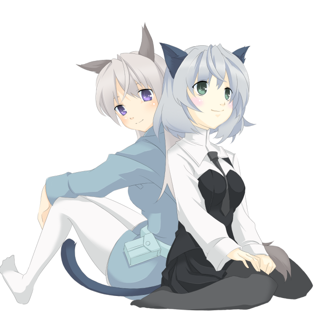 eila ilmatar juutilainen, sanya v. litvyak, strike witches, world witches series, bad id, bad pixiv id, 00s, 2girls, animal ears, back-to-back, black pantyhose, green eyes, multiple girls, pantyhose, tail, white pantyhose