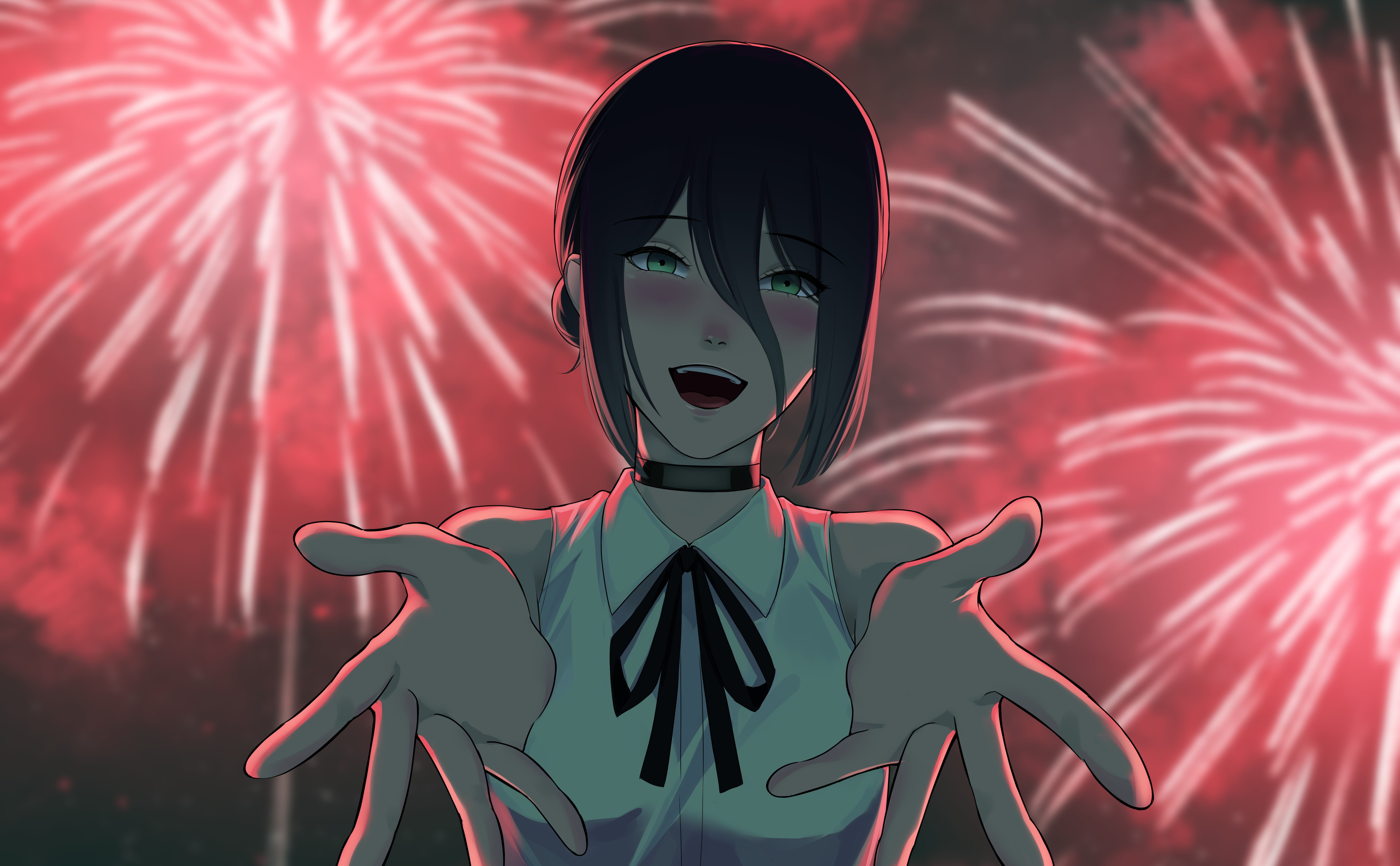 osamuyurayura, reze (chainsaw man), chainsaw man, absurdres, highres, 1girl, aerial fireworks, black choker, black hair, black ribbon, blush, choker, collared shirt, fireworks, green eyes, looking at viewer, neck ribbon, night, open mouth, outdoors, ribbon, shirt, sleeveless, sleeveless shirt, solo, white shirt