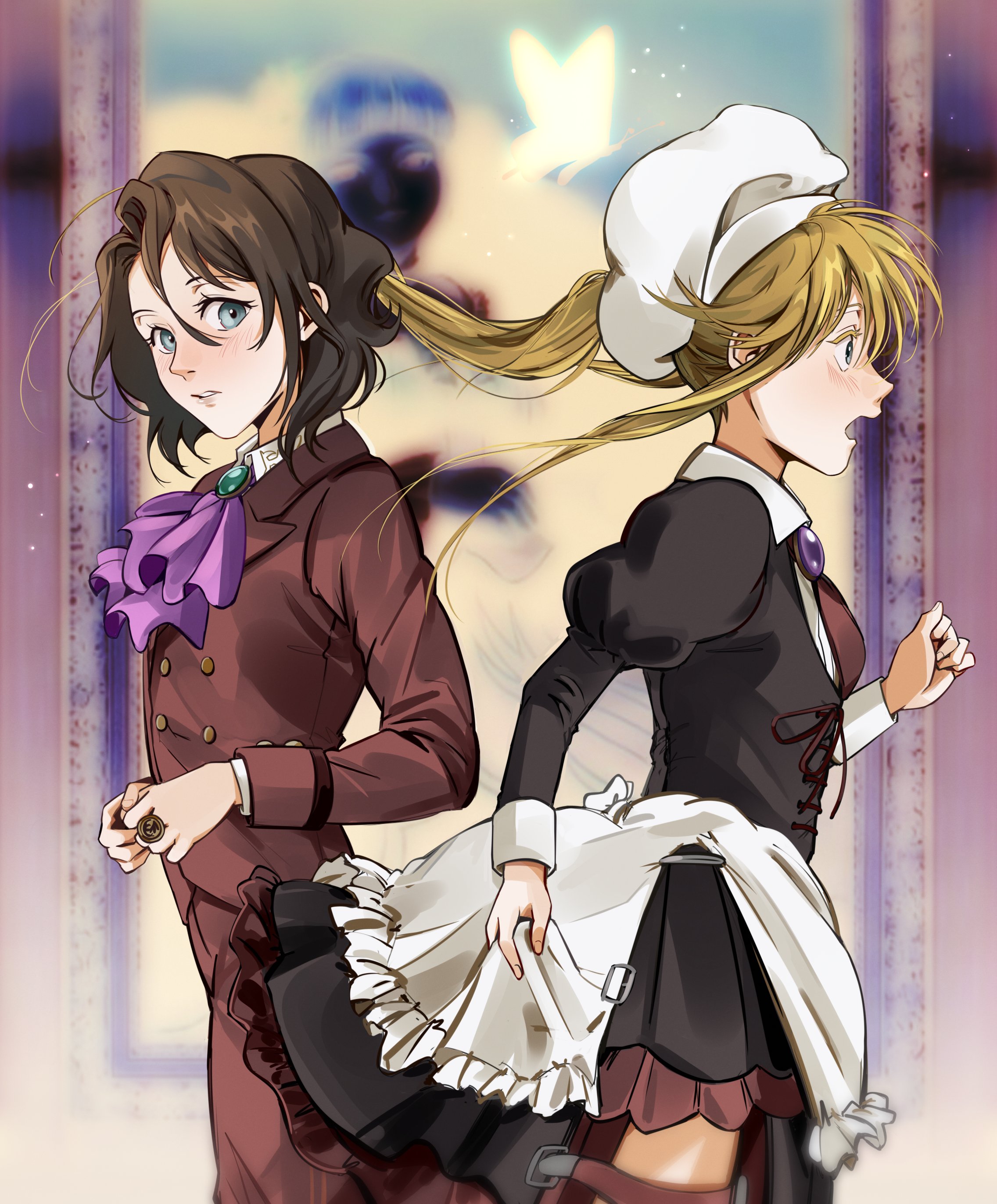 uneasywolf, beatrice (umineko), shannon (umineko), ushiromiya lion, yasu (umineko), umineko no naku koro ni, absurdres, highres, 2others, androgynous, ascot, blonde hair, blue eyes, blush, brown hair, bug, butterfly, chest jewel, corset, cosplay, costume switch, cross-laced clothes, cross-laced corset, dress, formal clothes, frills, hat, insect, inverted colors, jewelry, long hair, long sleeves, looking at viewer, maid, multiple others, necktie, open mouth, pink ascot, ponytail, portrait (object), ring, shannon (umineko) (cosplay), short hair, suit, ushiromiya lion (cosplay)