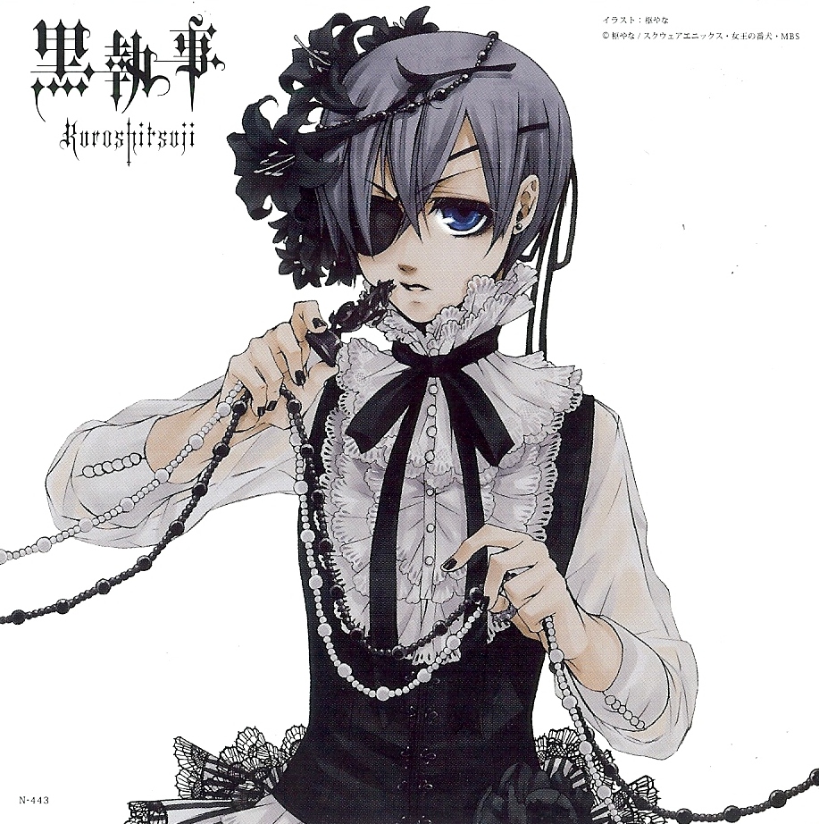 toboso yana, ciel phantomhive, kuroshitsuji, scan, 00s, 1boy, beads, blue eyes, blue hair, eyepatch, flower, goth fashion, gothic lolita, lace, lily (flower), lolita fashion, male focus, matching hair/eyes, ribbon, solo