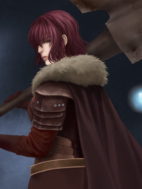 bearer of the curse, dark souls (series), dark souls ii, commentary request, 1girl, armor, axe, blue eyes, brown cape, brown shirt, cape, fur collar, grey background, holding, holding axe, looking at viewer, looking back, pauldrons, red hair, rolling nekoyanagi, shirt, short hair, shoulder armor, solo, upper body