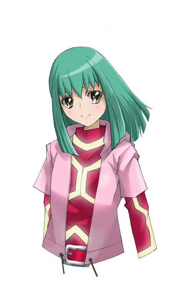 cho bi, luca, yu-gi-oh!, yuu-gi-ou 5d's, resized, androgynous, blush, green hair, hair down, jacket, long hair, pixiv thumbnail, shirt, smile, yellow eyes