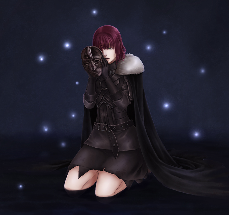 bearer of the curse, dark souls (series), dark souls ii, commentary request, 1girl, armor, black cape, black gloves, black skirt, breastplate, cape, full body, fur collar, gloves, holding, holding mask, kneeling, lips, looking at viewer, mask, open mouth, red hair, rolling nekoyanagi, short hair, skirt, solo