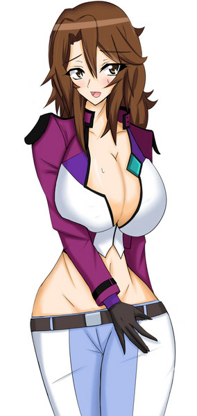 arinosu, feldt grace, sumeragi lee noriega, gundam, gundam 00, uniform, long image, resized, tall image, blush, breasts, brown eyes, brown hair, cameltoe, cleavage, curvy, gloves, huge breasts, jeans, long hair, midriff, pixiv thumbnail, tight clothes