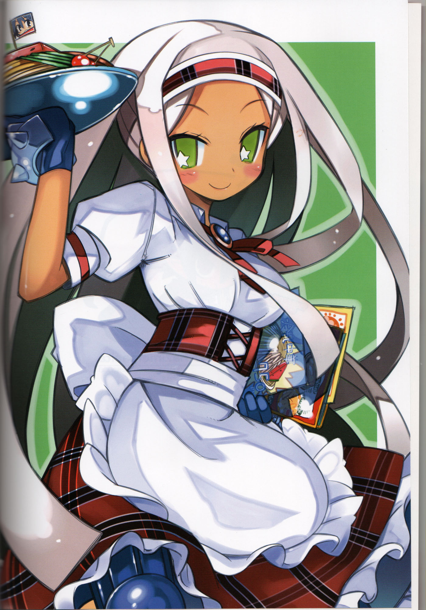 sapphire rhodonite, disgaea, makai senki disgaea 3, nippon ichi, highres, 1girl, blush, female focus, green eyes, maid, solo, waitress, white hair