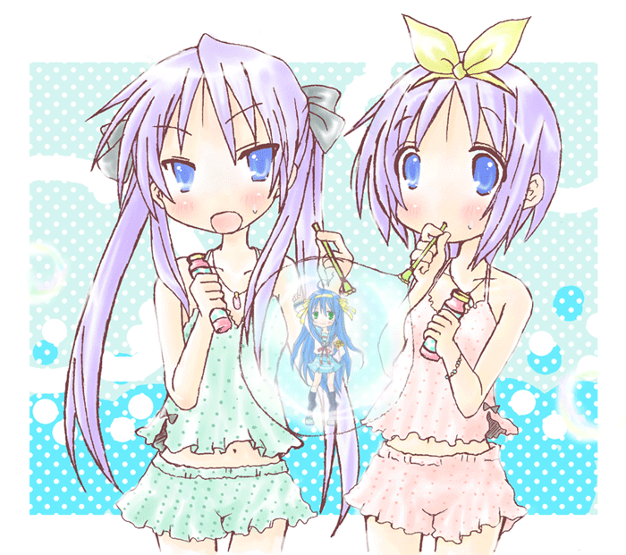emo (artist), emo (mikan), hiiragi kagami, hiiragi tsukasa, izumi konata, suzumiya haruhi, lucky star, suzumiya haruhi no yuuutsu, bad id, bad pixiv id, 3girls, ahoge, blue eyes, bubble, cosplay, hair ribbon, long hair, mini person, minigirl, multiple girls, purple hair, ribbon, short hair, siblings, sisters, suzumiya haruhi (cosplay), twins, twintails, voice actor connection