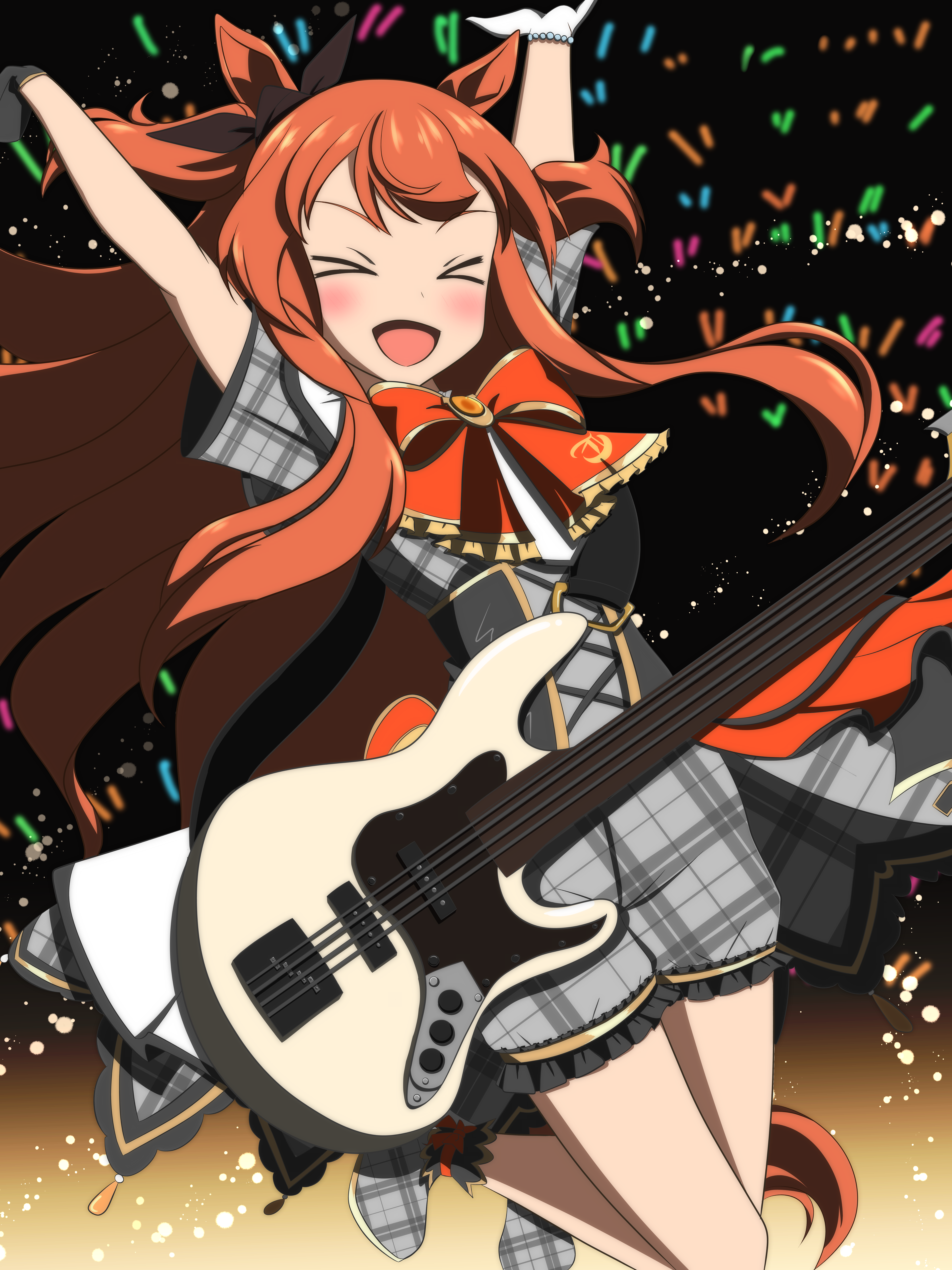 mayano top gun (umamusume), umamusume, absurdres, commentary request, highres, > <, 1girl, :d, animal ears, asymmetrical gloves, bass guitar, black corset, black gloves, blush, bow, bowtie, bracelet, brown ribbon, closed eyes, corset, ear ribbon, gloves, glowstick, gradient background, guitar, guitar strap, hands up, horse ears, horse girl, horse tail, instrument, jewelry, long hair, mismatched gloves, open mouth, orange hair, orange tail, plaid clothes, plaid shirt, plaid shoes, plaid shorts, red bow, red bowtie, rhila sengetsu, ribbon, shirt, shoes, short sleeves, shorts, smile, solo, tail, two side up