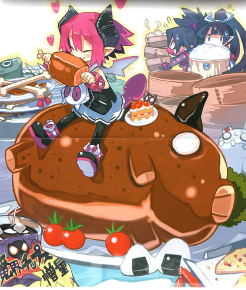 yamamoto keiji, asuka cranekick, kyoko needleworker, raspberyl, disgaea, makai senki disgaea 3, nippon ichi, scan, 3girls, bone, boned meat, crease, dress, eating, food, heart, meat, multiple girls, onigiri, pantyhose, pig, pink hair, pizza, plate, shoes, tail, tomato, wings