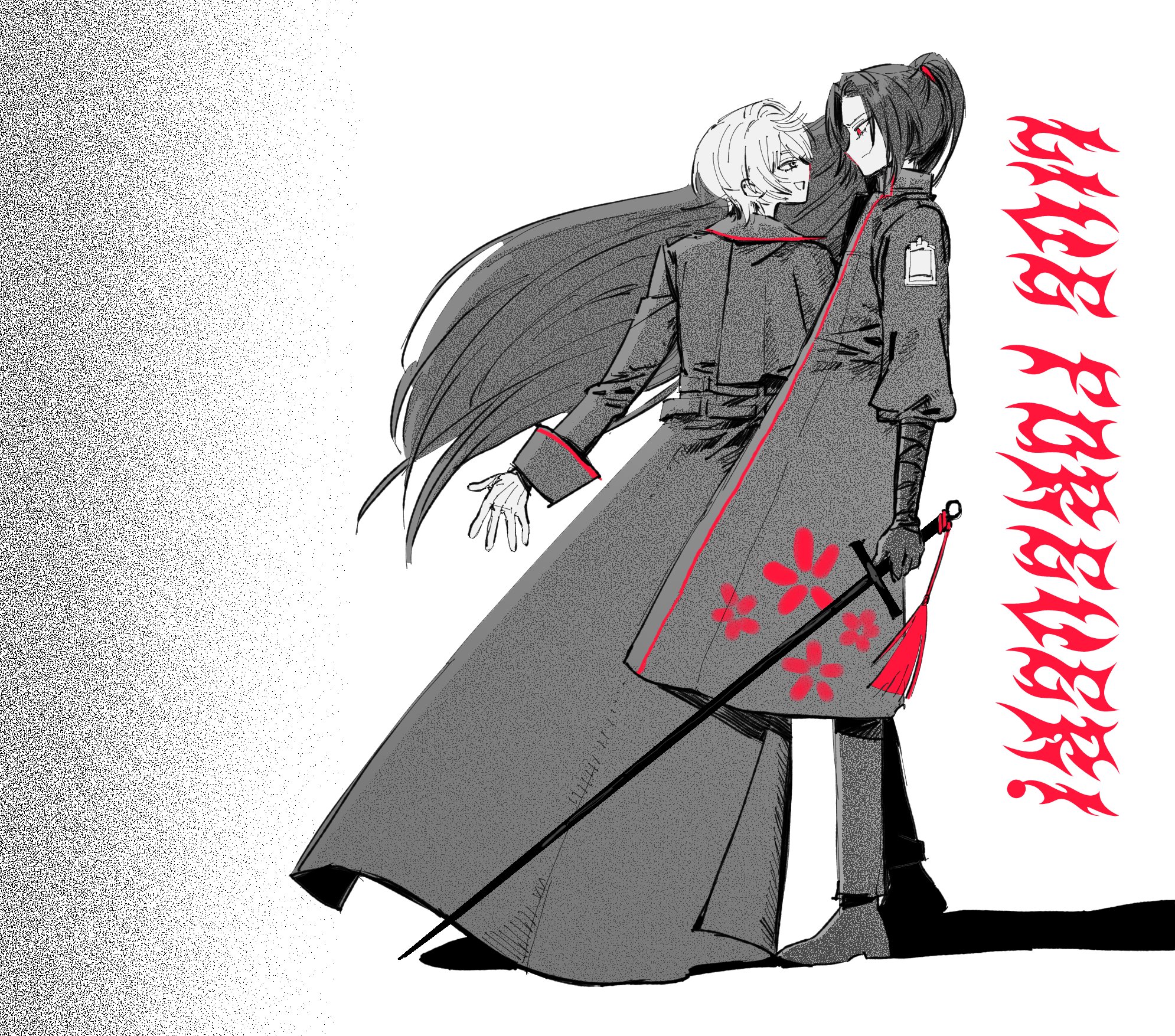 w5, jia huan (project moon), limbus company, project moon, highres, 2boys, black coat, black hair, black pants, coat, floral print, full body, grey background, high ponytail, holding, holding weapon, long hair, long sleeves, looking at another, male focus, multiple boys, pants, partially colored, ponytail, red eyes, short hair, simple background, standing, weapon