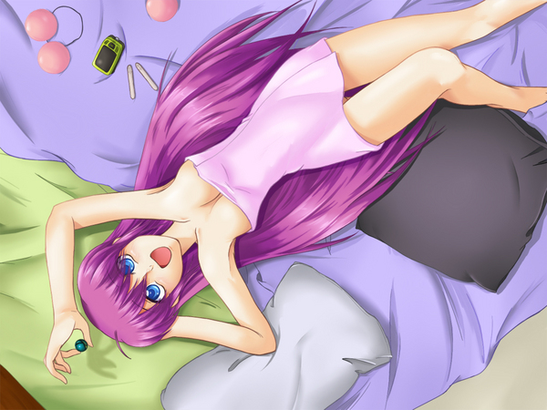 ichirou, saigusa haruka, little busters!, bad id, bad pixiv id, 1girl, bed, blue eyes, blush, breasts, cleavage, female focus, hair ornament, long hair, medium breasts, naked towel, pink hair, purple hair, smile, solo, towel