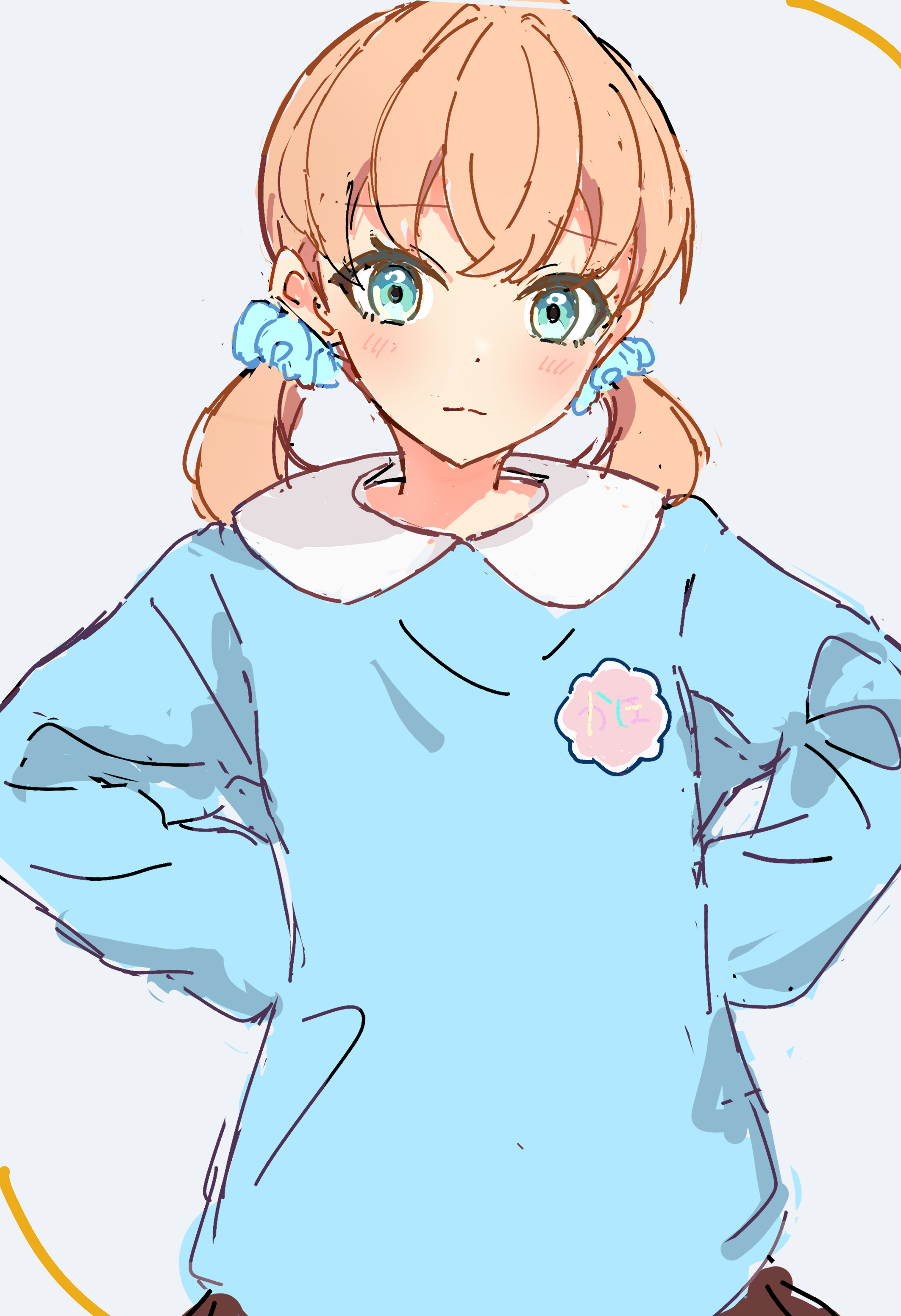 hinoshita kaho, link! like! love live!, love live!, absurdres, commentary request, highres, 1girl, alternate costume, blue shirt, blush, collared shirt, contrast collar, hands on own hips, kindergarten uniform, light smile, long sleeves, looking at viewer, low twintails, medium hair, mika yui, name tag, rounded collar, shirt, simple background, solo, twintails, upper body, virtual youtuber, white background