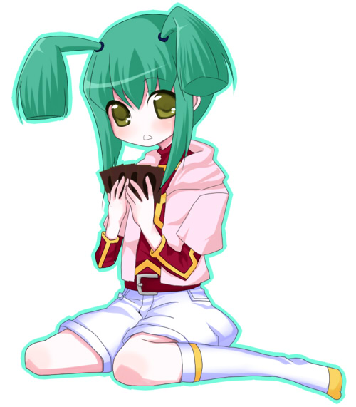 ha (pixiv 3270761), luca (yu-gi-oh!), yu-gi-oh!, yu-gi-oh! 5d's, bad id, bad pixiv id, 00s, 1girl, blush, card, closed mouth, female focus, green hair, holding, holding card, jacket, kneeling, looking at viewer, shirt, short hair, shorts, socks, solo, surprised, teeth, twintails, yellow eyes, yu-gi-oh (card)