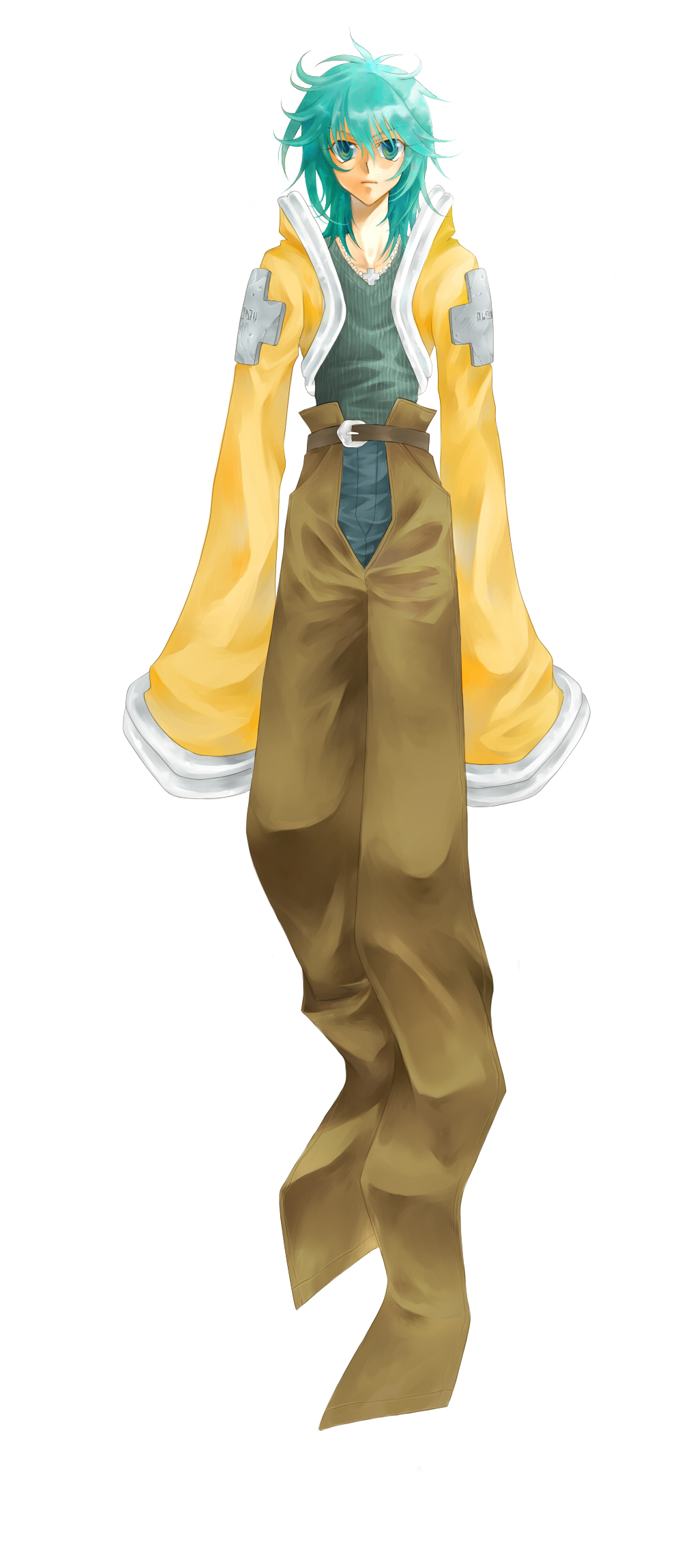 moyoriaki, taijou roukun, houshin engi, bad id, bad pixiv id, highres, 1990s (style), 1boy, cross, green eyes, green hair, male focus, matching hair/eyes, messy hair, solo