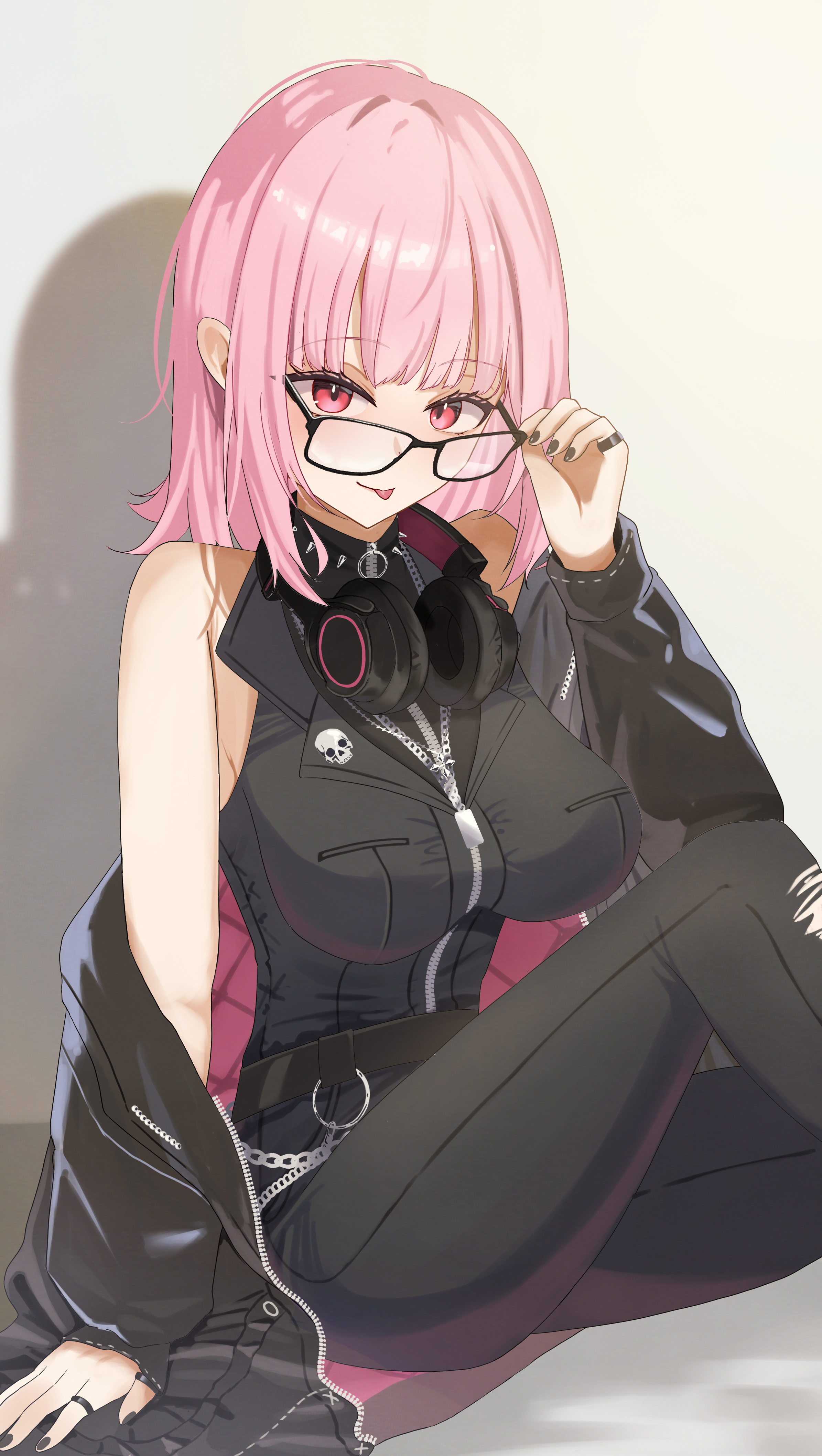 satoti chang, mori calliope, mori calliope (the story thus far), hololive, hololive english, absurdres, highres, 1girl, black jacket, black jumpsuit, black nails, breasts, glasses, headphones, headphones around neck, jacket, jewelry, jumpsuit, large breasts, looking at viewer, official alternate costume, official alternate hairstyle, pink eyes, pink hair, ring, shadow, sleeveless jumpsuit, solo, tongue, tongue out, two-sided fabric, two-sided jacket, virtual youtuber