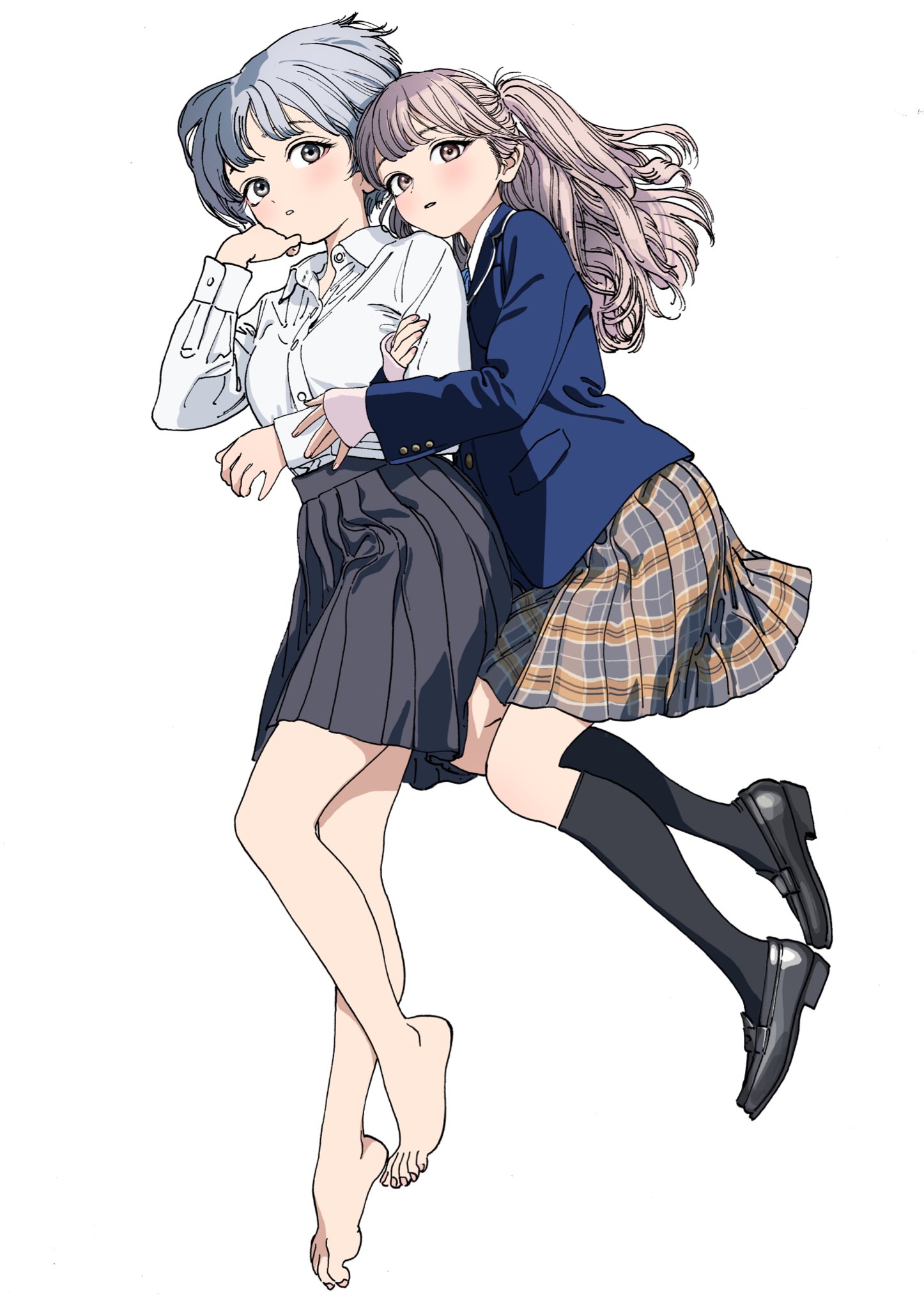 hiro (dismaless), character request, copyright request, highres, mixed-language commentary, 2girls, bare legs, barefoot, black shoes, black skirt, black socks, blazer, blonde hair, blue jacket, blunt bangs, breasts, brown eyes, buttons, collared shirt, cuddling, fingernails, grey eyes, grey hair, hand on own face, jacket, kneehighs, light blush, loafers, long sleeves, looking at viewer, medium breasts, multiple girls, parted lips, plaid clothes, plaid skirt, pleated skirt, pocket, school uniform, shirt, shoes, simple background, skirt, socks, swept bangs, thighhighs, toenails, two side up, white background, white shirt, zettai ryouiki