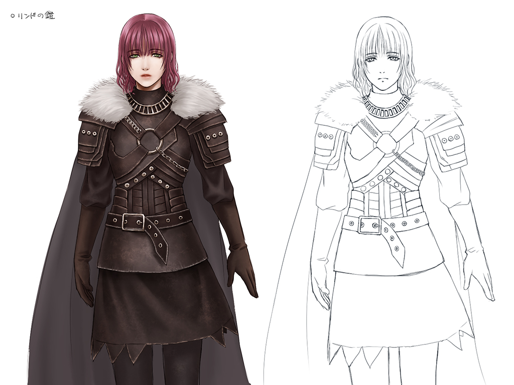 bearer of the curse, dark souls (series), dark souls ii, commentary request, 1girl, armor, belt, black belt, black cape, black gloves, black pantyhose, black shirt, black skirt, breastplate, cape, cowboy shot, fur collar, gloves, green eyes, lips, looking at viewer, pantyhose, purple hair, rolling nekoyanagi, shirt, short hair, shoulder armor, simple background, skirt, white background, word bearers