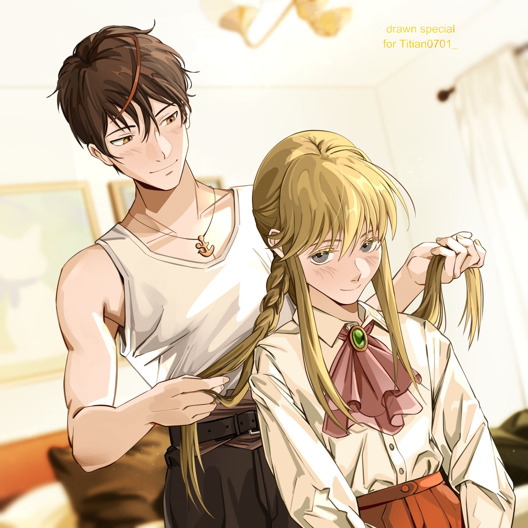 uneasywolf, ushiromiya lion, willard h. wright, umineko no naku koro ni, highres, 1boy, 1other, anchor, anchor necklace, androgynous, ascot, belt, blonde hair, blue eyes, blush, brown hair, brown pants, formal clothes, jewelry, light smile, long hair, long sleeves, multicolored hair, muscular, necklace, pants, pink ascot, red hair, red pants, shirt, short hair, tank top, two-tone hair, tying hair, white shirt, white tank top, yellow eyes