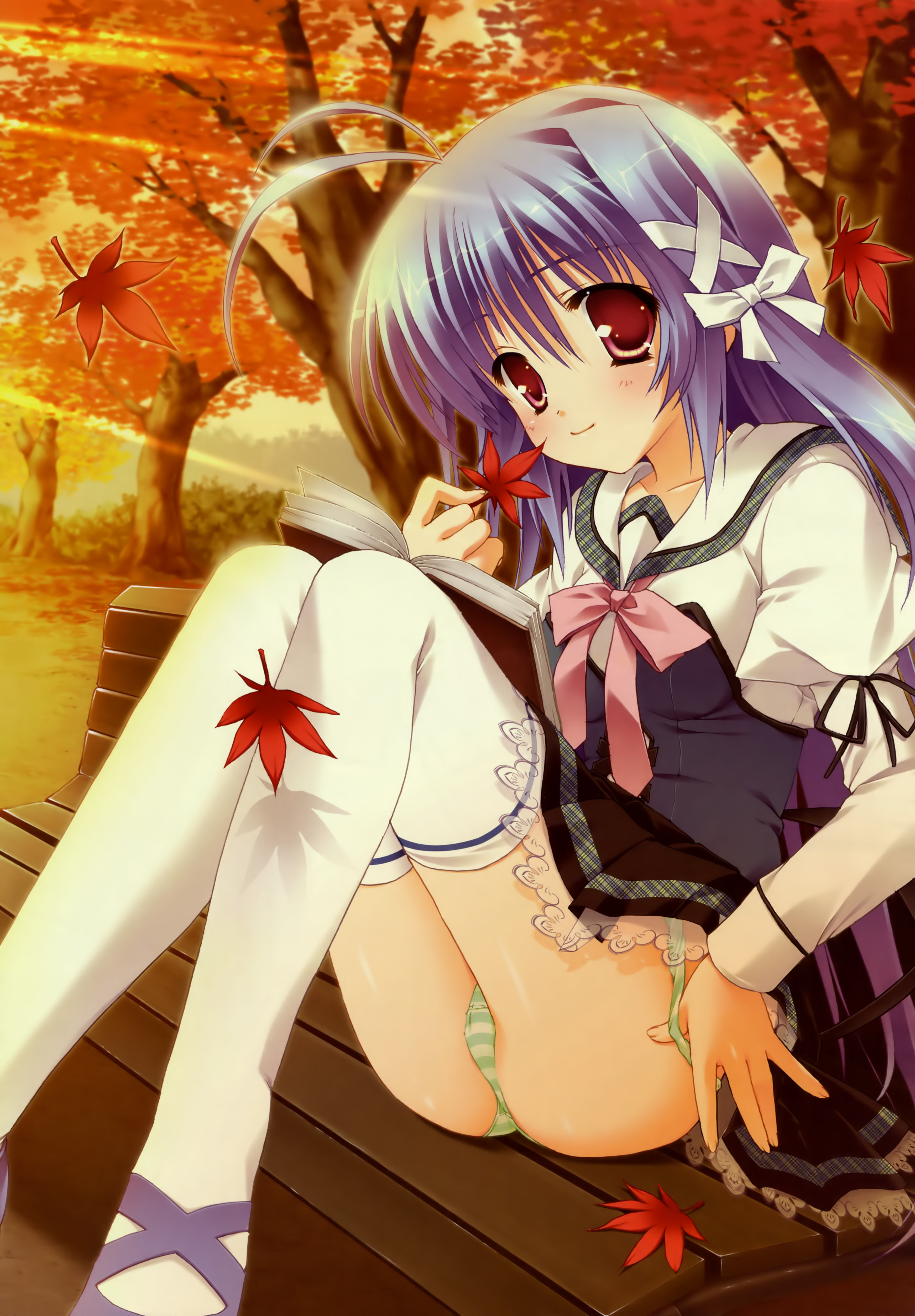 hinamatsuri touko, aoi kokona, mikoko (game), absurdres, highres, non-web source, 1girl, autumn, autumn leaves, female focus, green panties, leaf, panties, pantyshot, purple hair, red eyes, school uniform, serafuku, solo, striped clothes, striped panties, thighhighs, underwear