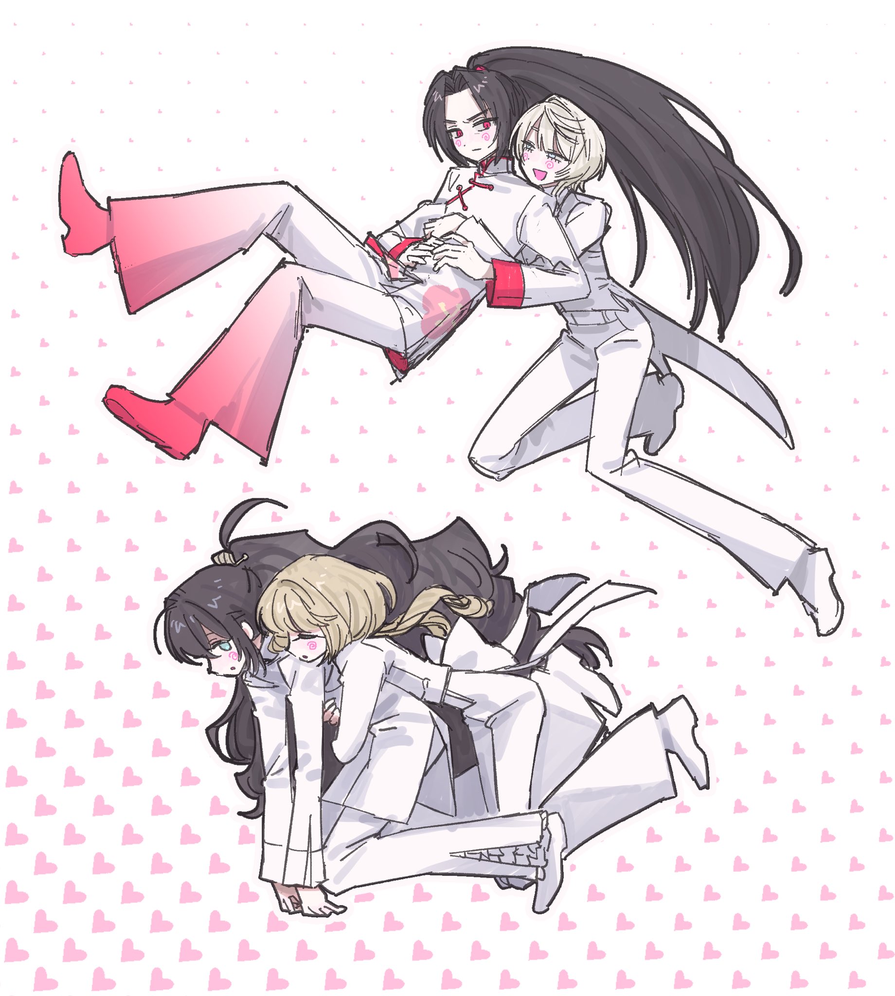 w5, hong lu (project moon), jia huan (project moon), limbus company, project moon, highres, 1girl, 3boys, :d, alternate costume, black hair, blonde hair, blue eyes, blush, bow, closed eyes, drill hair, full body, hamlet (w5), heart, high ponytail, hug, long hair, looking at another, male focus, multiple boys, open mouth, pants, pink pants, pink shoes, ponytail, red eyes, shirt, shoes, simple background, smile, very long hair, white background, white bow, white pants, white shirt, white shoes