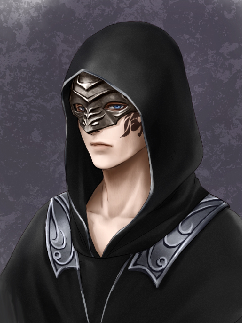 dark souls (series), dark souls ii, commentary request, 1boy, black hood, black shirt, blue eyes, cheek tattoo, closed mouth, expressionless, grey background, hood, hood up, mask, masked, rolling nekoyanagi, shirt, solo, straid of olaphis, tattoo, upper body