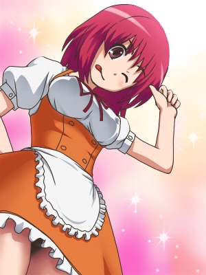 awa, kushieda minori, toradora!, lowres, 00s, 1girl, :p, ;p, breasts, covered erect nipples, female focus, medium breasts, one eye closed, pink eyes, pink hair, solo, tongue, tongue out, waitress, wink