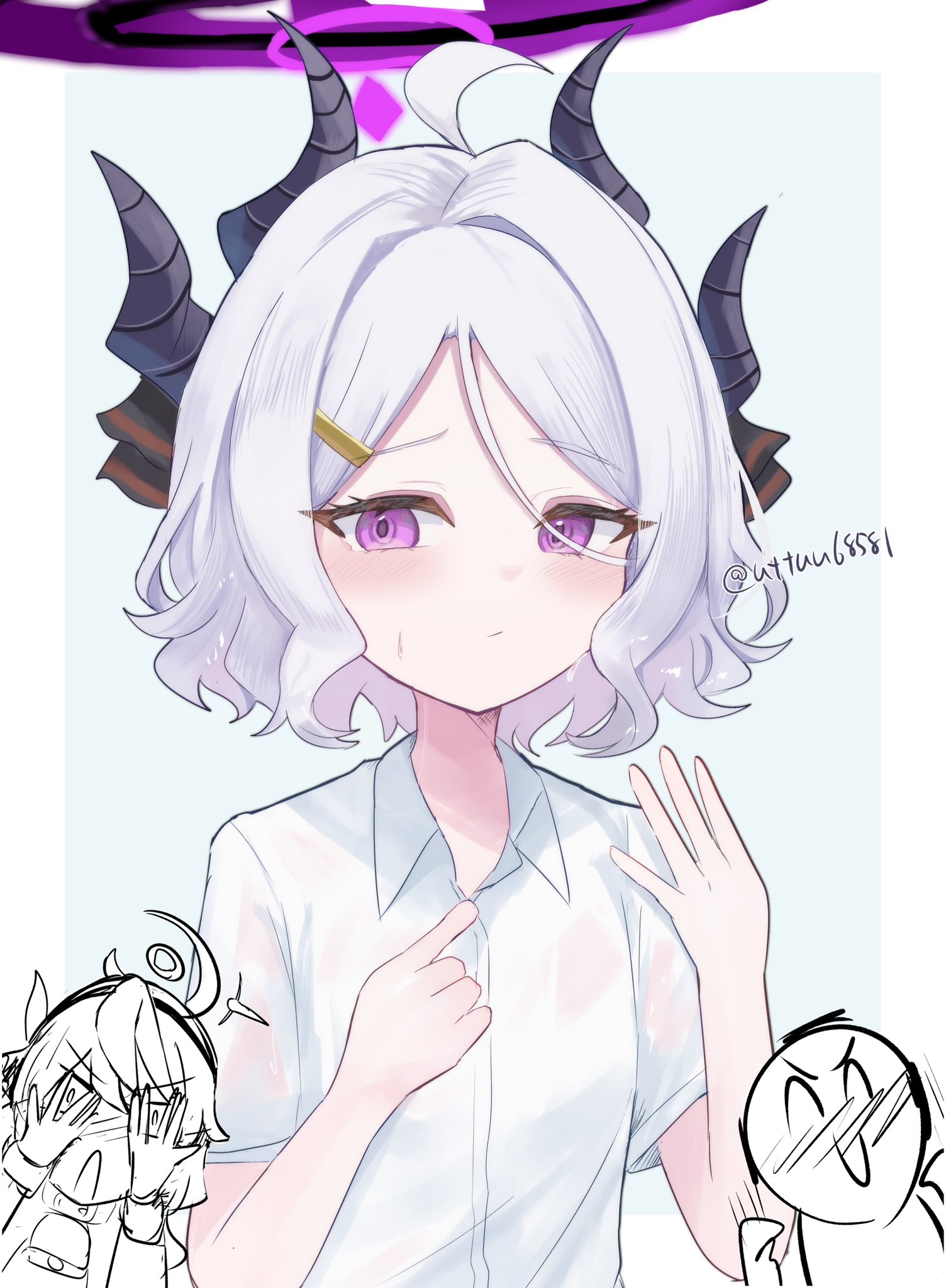 uttsu (yumaviviane), ako (blue archive), doodle sensei (blue archive), hina (blue archive), sensei (blue archive), blue archive, highres, 1boy, 2girls, black halo, blush, demon girl, demon horns, flat chest, halo, horns, multiple girls, purple eyes, shirt, short hair, simple background, upper body, white hair, white shirt
