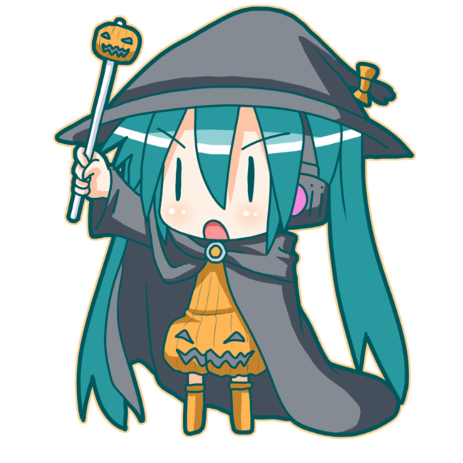 minami (colorful palette), chibi miku, hatsune miku, vocaloid, 1girl, aqua hair, black hat, cape, chibi, female focus, halloween, hat, jack-o'-lantern, no nose, pumpkin, pumpkin costume, solo, white background, | |
