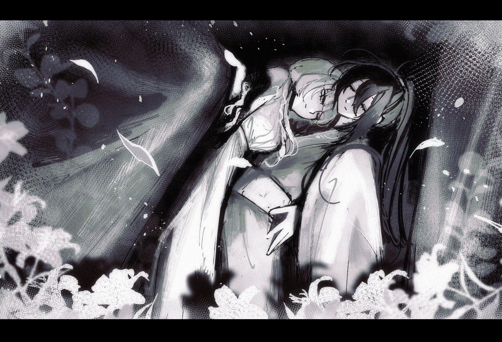 w5, hong lu (project moon), limbus company, project moon, highres, 1boy, 1girl, black border, black hair, border, chinese clothes, closed eyes, curtains, dress, flower, greyscale, hamlet (w5), hanfu, high ponytail, lily (flower), long hair, long sleeves, looking at viewer, monochrome, ponytail, simple background, standing, upper body, white dress, white hanfu