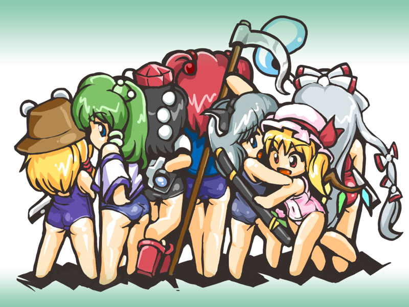 winn, flandre scarlet, fujiwara no mokou, kochiya sanae, konpaku youmu, moriya suwako, onozuka komachi, shameimaru aya, touhou, 6+girls, black one-piece swimsuit, camera, chibi, electric wind instrument, female focus, hat, instrument, mob cap, multiple girls, no pants, one-piece swimsuit, pink one-piece swimsuit, purple one-piece swimsuit, purple school swimsuit, red one-piece swimsuit, school swimsuit, scythe, swimsuit, swimsuit under clothes