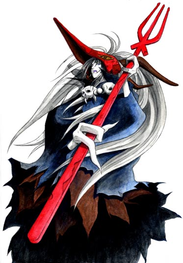 otoya (pixiv895703), youzen, houshin engi, spoilers, 1990s (style), cloak, long hair, male focus, monster, polearm, retro artstyle, skull, solo, spear, trident, weapon, white hair