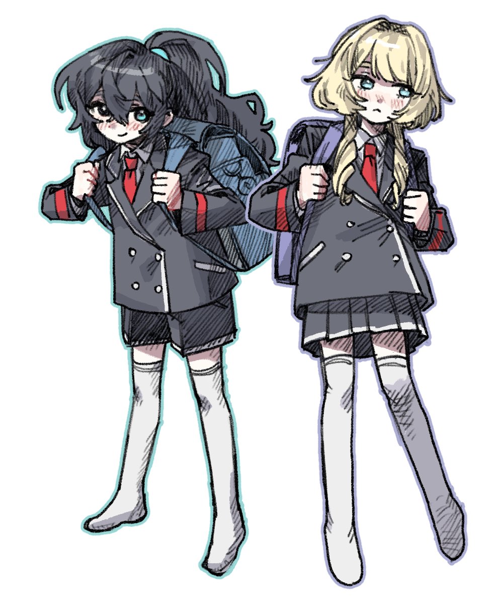 w5, hong lu (project moon), limbus company, project moon, highres, 1boy, 1girl, :<, aged down, backpack, bag, black eyes, black hair, black jacket, black shorts, black skirt, blonde hair, blue bag, blue eyes, closed mouth, collared shirt, drill hair, full body, hamlet (w5), heterochromia, jacket, long hair, long sleeves, looking at viewer, necktie, ponytail, purple bag, red necktie, school uniform, shirt, shorts, simple background, skirt, standing, thighhighs, white background, white shirt, white thighhighs