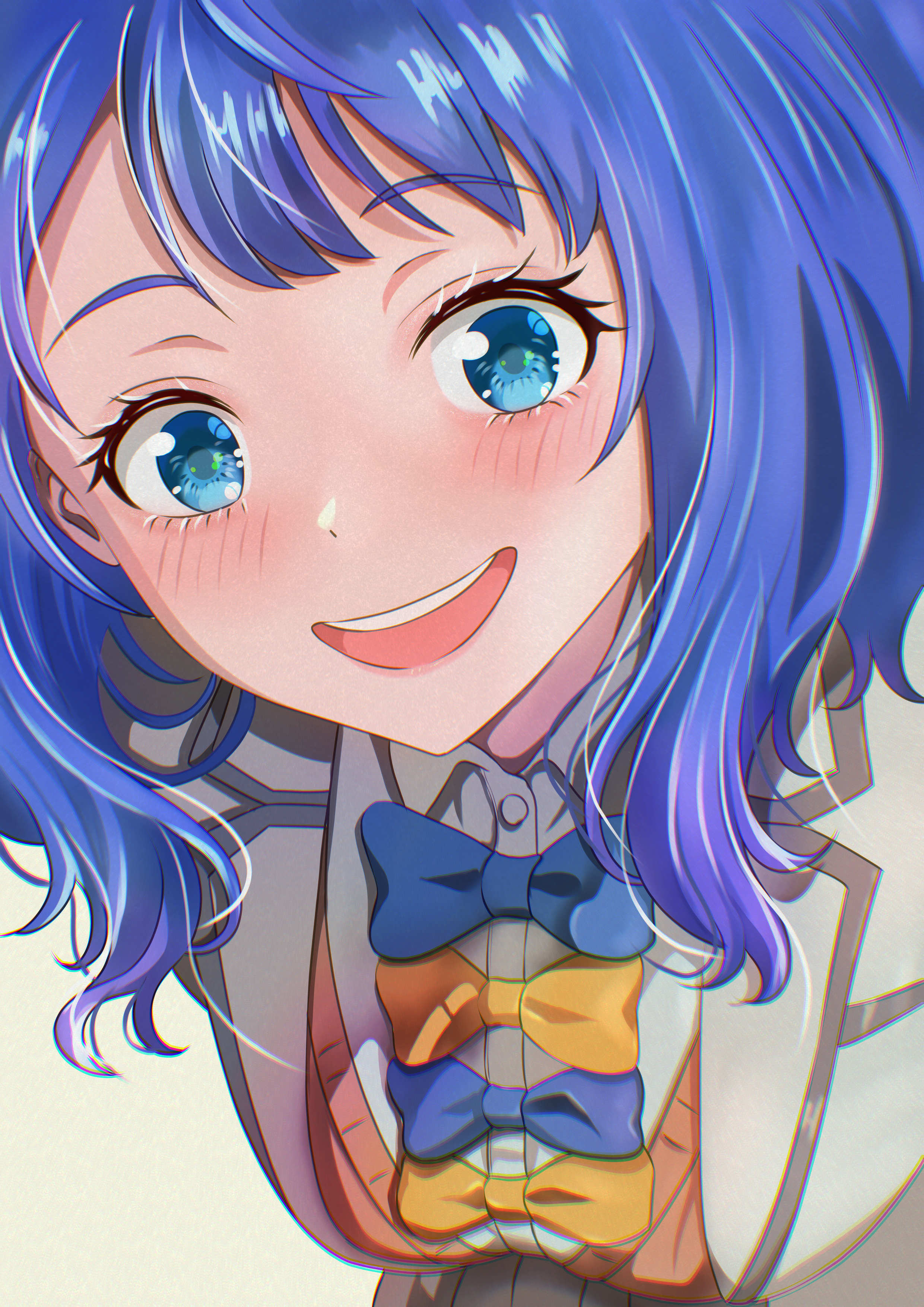 kousan, yanami anna, make heroine ga oo sugiru!, absurdres, commentary request, highres, 1girl, blazer, blue bow, blue bowtie, blue eyes, blue hair, blush, bow, bowtie, brown cardigan, cardigan, collared shirt, green background, grey jacket, jacket, looking at viewer, medium hair, open mouth, school uniform, shirt, smile, solo, teeth, tsuwabuki high school uniform, upper teeth only, white shirt, yellow bow, yellow bowtie