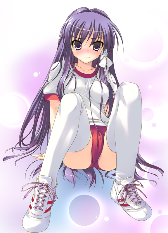 arikawa satoru, fujibayashi kyou, clannad, 00s, 1girl, blush, buruma, cameltoe, female focus, gym uniform, hair ribbon, hair spread out, long hair, purple eyes, purple hair, ribbon, shoes, sitting, sneakers, solo, thighhighs, very long hair