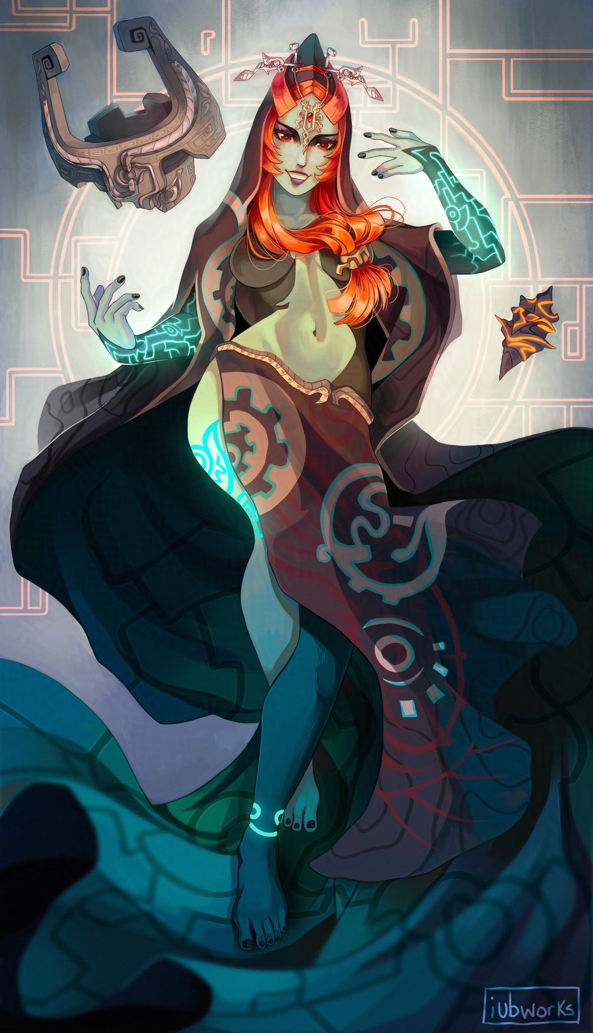 iubworks, midna, midna (true), nintendo, the legend of zelda, the legend of zelda: twilight princess, commentary, highres, 1girl, black skin, breasts, colored skin, full body, grey skin, grin, helmet, long hair, looking at viewer, low-tied long hair, medium breasts, multicolored skin, navel, orange hair, red eyes, sarong, smile, solo, two-tone skin