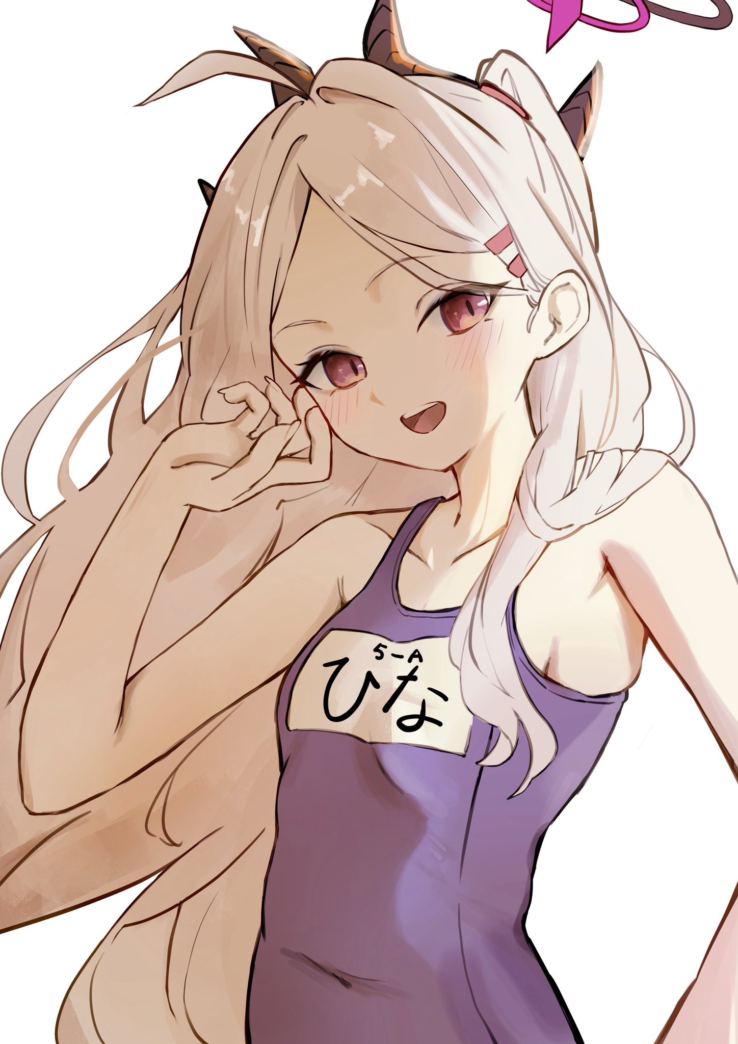 kuromame (meekaki96), hina (blue archive), hina (swimsuit) (blue archive), blue archive, highres, 1girl, ahoge, black halo, breasts, halo, long hair, looking at viewer, old school swimsuit, purple eyes, school swimsuit, simple background, small breasts, solo, swimsuit, very long hair, white background, white hair
