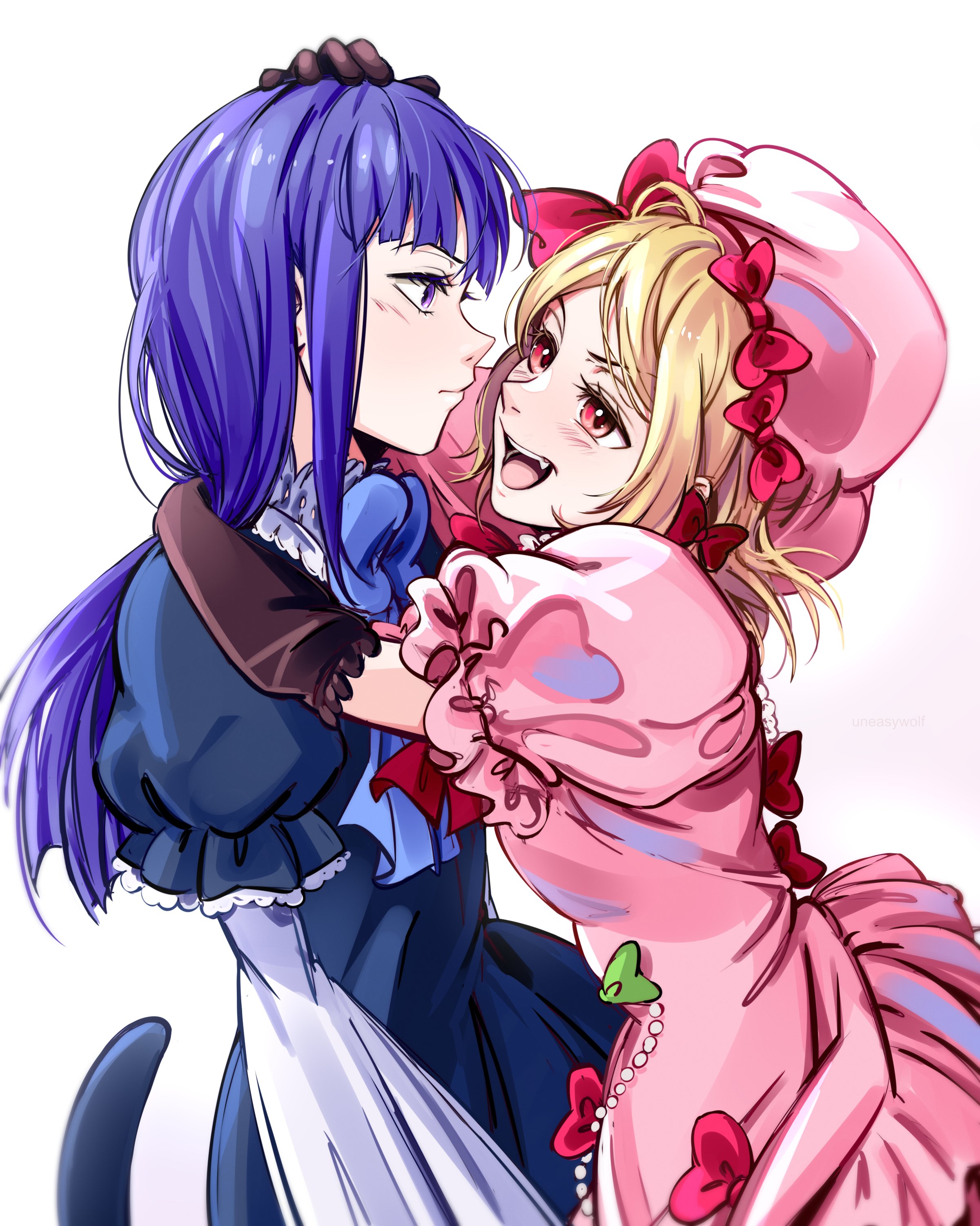 uneasywolf, frederica bernkastel, lambdadelta, umineko no naku koro ni, absurdres, highres, 2girls, beret, blonde hair, blue bow, blue hair, blunt bangs, bow, cat tail, dress, elbow gloves, expressionless, fang, frills, gloves, hair bow, hat, holding, long hair, multiple girls, pink dress, pink hat, purple eyes, red bow, red eyes, ribbon, short hair, simple background, smile, tail, white background, yuri
