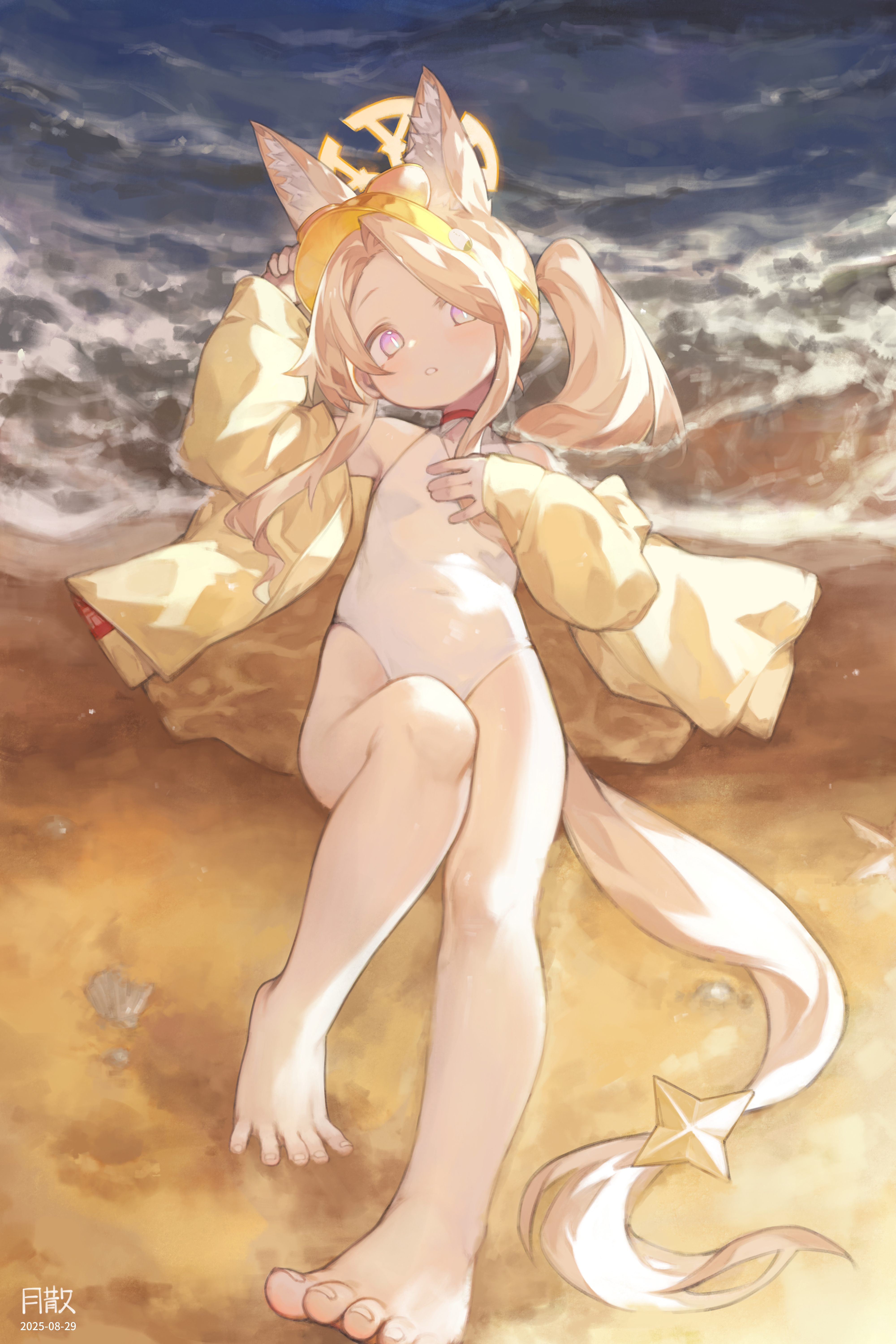 tsukibara, seia (blue archive), seia (swimsuit) (blue archive), blue archive, absurdres, commentary, highres, md5 mismatch, symbol-only commentary, 1girl, animal ears, barefoot, beach, blonde hair, covered navel, dated, extra ears, eyewear on head, feet, fox ears, fox girl, fox tail, halo, highleg, highleg one-piece swimsuit, jacket, long hair, long sleeves, looking at viewer, lying, on back, one-piece swimsuit, orange-tinted eyewear, outdoors, parted lips, puffy long sleeves, puffy sleeves, purple eyes, sand, side ponytail, solo, sunglasses, swimsuit, tail, tinted eyewear, toes, visor cap, white one-piece swimsuit, yellow-framed eyewear, yellow halo, yellow jacket, yellow visor