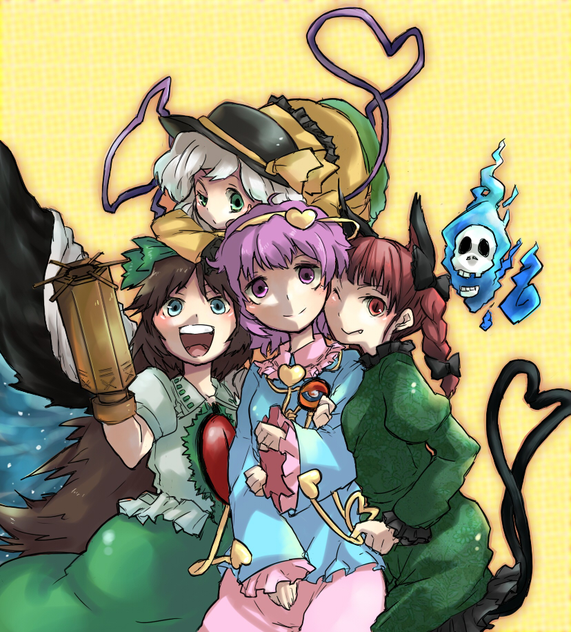 zen (pixiv), zen (raspberry), kaenbyou rin, komeiji koishi, komeiji satori, reiuji utsuho, touhou, silver hair, 4girls, animal ears, blue eyes, blush, braid, brown hair, cat ears, cat girl, cat tail, fang, female focus, green eyes, hairband, hat, heart, heart of string, heart tail, long hair, multiple girls, multiple tails, purple eyes, purple hair, red eyes, red hair, ribbon, short hair, tail, wings