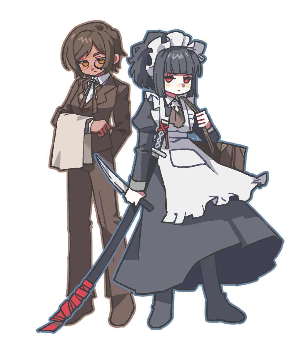 w5, outis (project moon), ryoshu (project moon), limbus company, project moon, highres, 2girls, apron, ascot, bag, black dress, black hair, brown ascot, brown bag, brown hair, brown jacket, brown pants, butler, collared shirt, crossdressing, crossdressing (ftm), dark-skinned female, dark skin, dress, female butler, full body, holding, holding knife, jacket, juliet sleeves, knife, long hair, long sleeves, looking at viewer, maid apron, maid headdress, monocle, multiple girls, orange eyes, pants, ponytail, puffy sleeves, red eyes, shirt, short hair, shoulder bag, simple background, standing, towel, towel on arm, white apron, white background, white shirt, wuthering heights (identity) (project moon)