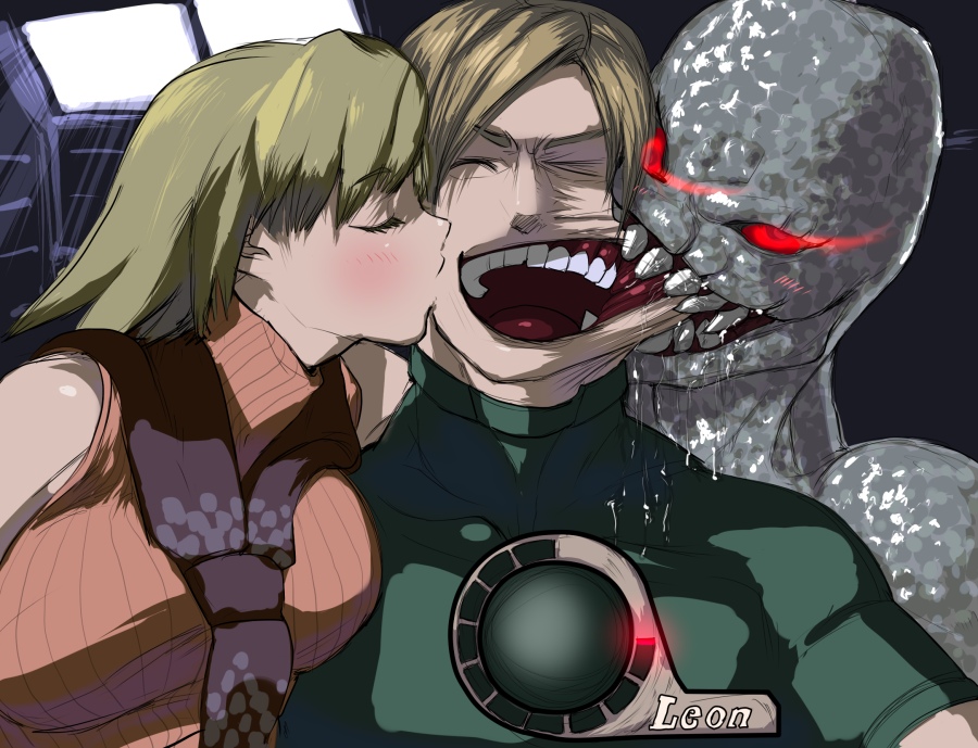 mogeru, moggel, ashley graham, leon s. kennedy, regenerator, resident evil, resident evil 4, 1boy, 1girl, biting, biting cheek, blonde hair, blush, breasts, creepy, eating, face stretch, heads-up display, health bar, hetero, horror (theme), kiss, kissing cheek, large breasts, monster, open mouth, pain, red eyes, sandwiched, scarf, smile, teeth, user interface, what, you gonna get raped