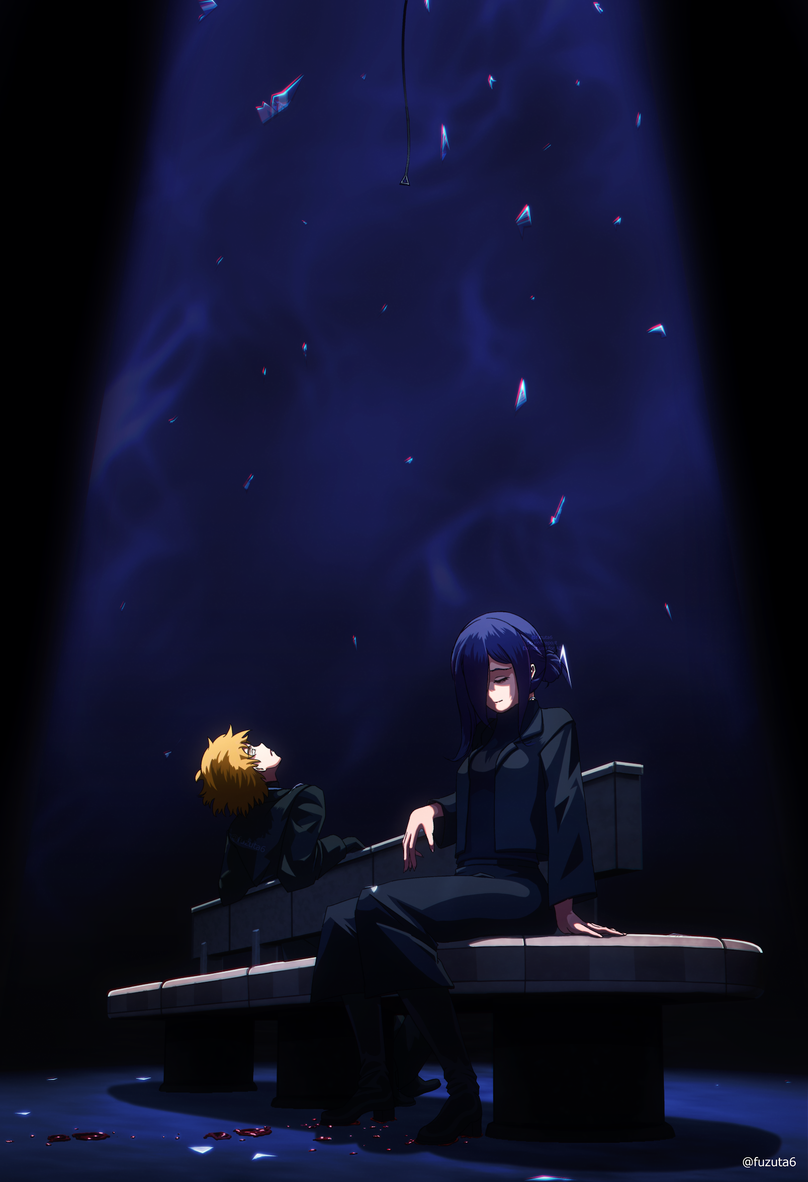 denji (chainsaw man), reze (chainsaw man), chainsaw man, commentary request, highres, 1boy, 1girl, arm support, black jacket, black skirt, blonde hair, blood, blood on ground, blue hair, chromatic aberration, closed eyes, closed mouth, fuzuta6, hair over one eye, jacket, on bench, pull cord, short hair, sitting, skirt