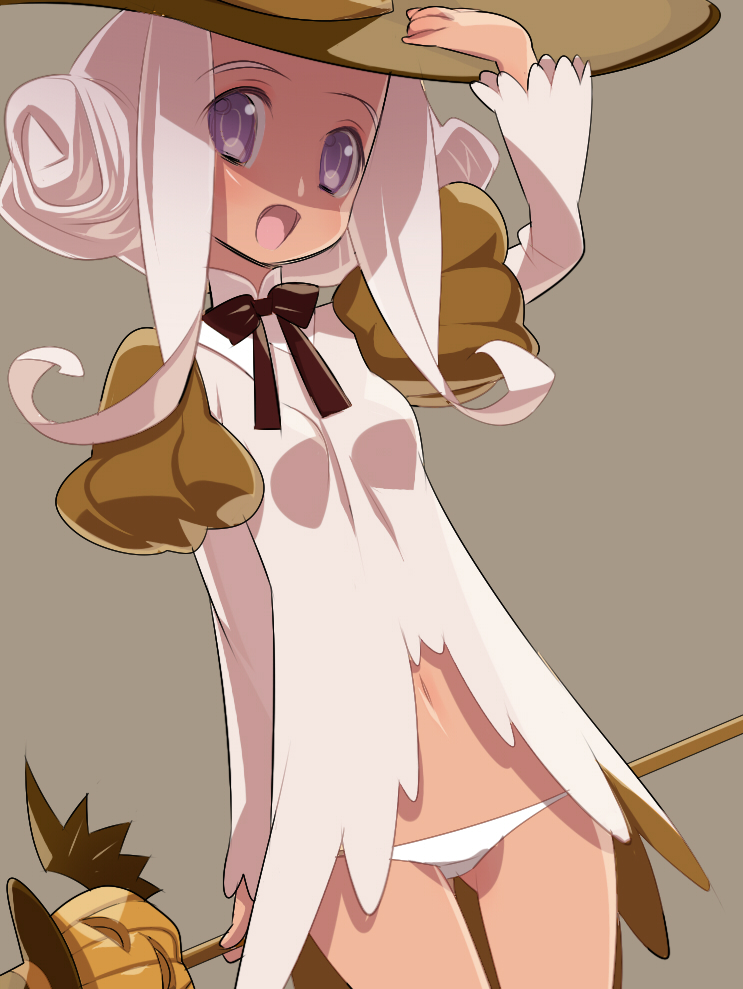 tensugi takashi, original, bad id, bad pixiv id, 1girl, female focus, halloween, happy, hat, long hair, lowleg, lowleg panties, panties, purple eyes, solo, staff, thigh gap, thighs, underwear, witch hat