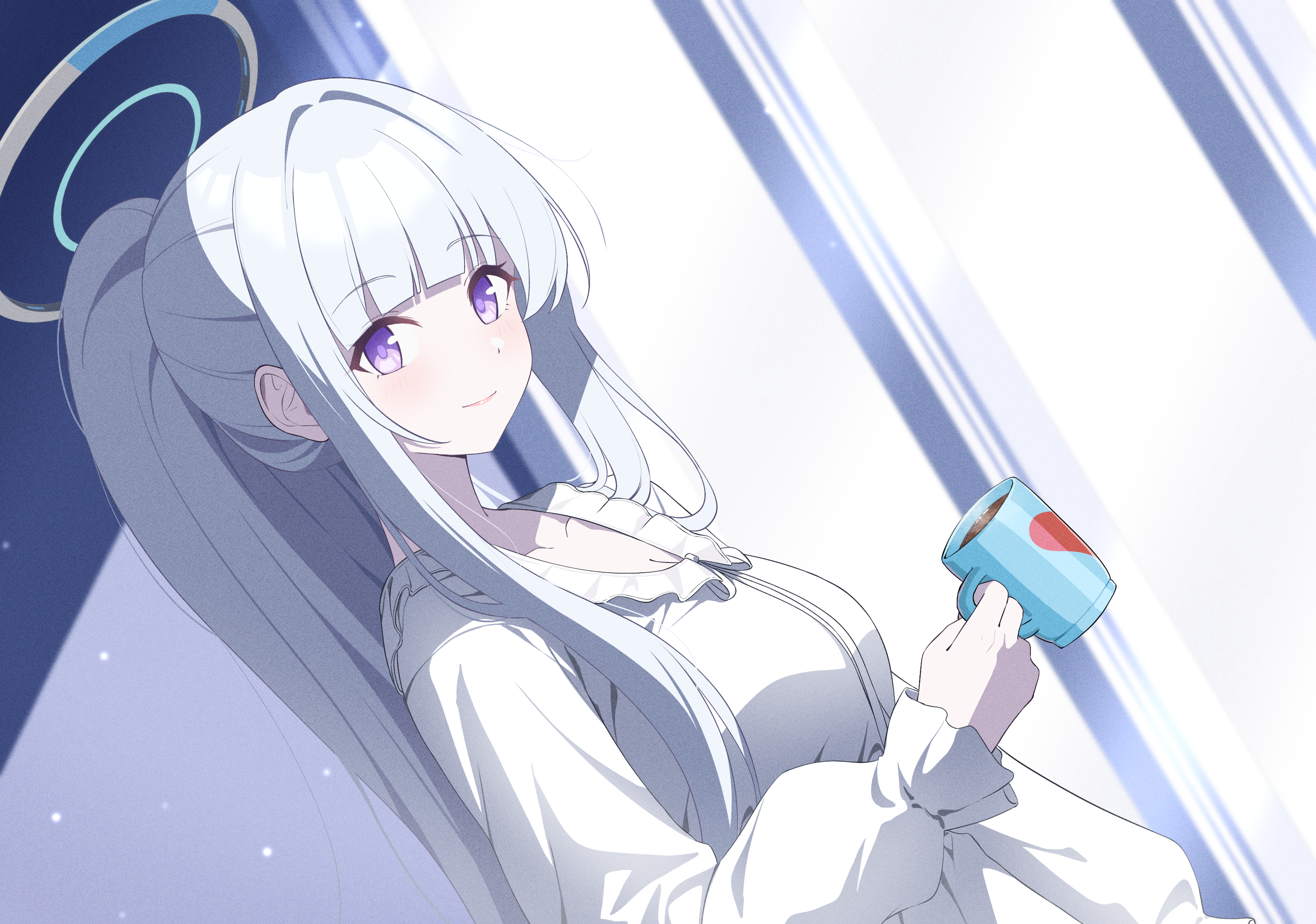 reia 76, noa (blue archive), noa (pajamas) (blue archive), blue archive, commentary request, highres, 1girl, breasts, closed mouth, coffee mug, cup, frilled pajamas, frills, halo, headgear, holding, holding cup, large breasts, long hair, looking at viewer, mechanical halo, mug, official alternate costume, pajamas, ponytail, purple eyes, smile, solo, white hair, white halo, white pajamas