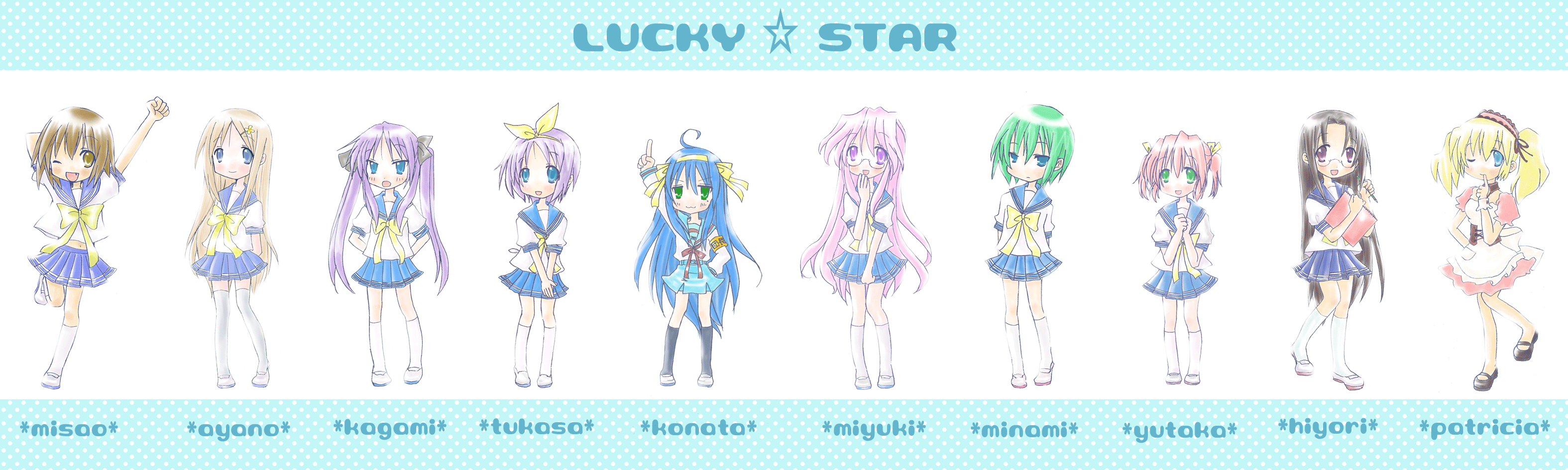 emo (artist), emo (mikan), asahina mikuru, hiiragi kagami, hiiragi tsukasa, hirano aya, iwasaki minami, izumi konata, kobayakawa yutaka, kusakabe misao, minegishi ayano, patricia martin, suzumiya haruhi, takara miyuki, tamura hiyori, lucky star, suzumiya haruhi no yuuutsu, bad id, bad pixiv id, gif artifacts, highres, long image, wide image, 6+girls, ahoge, asahina mikuru (cosplay), cosplay, everyone, glasses, hair ribbon, hairband, multiple girls, ribbon, school uniform, serafuku, siblings, sisters, socks, standing, suzumiya haruhi (cosplay), thighhighs, twins, twintails, voice actor connection, waitress, zettai ryouiki