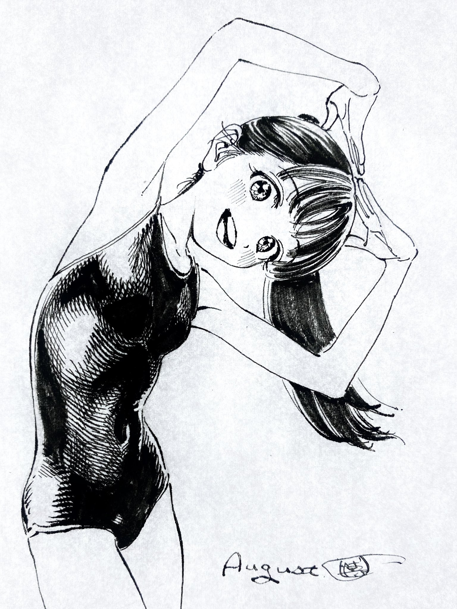 hiro (dismaless), akebi komichi, akebi-chan no serafuku, highres, traditional media, 1girl, arms up, blush, collarbone, dated, eyelashes, hands on own head, high ponytail, long hair, monochrome, one-piece swimsuit, open mouth, ponytail, signature, simple background, smile, solo, swept bangs, swimsuit, teeth, white background