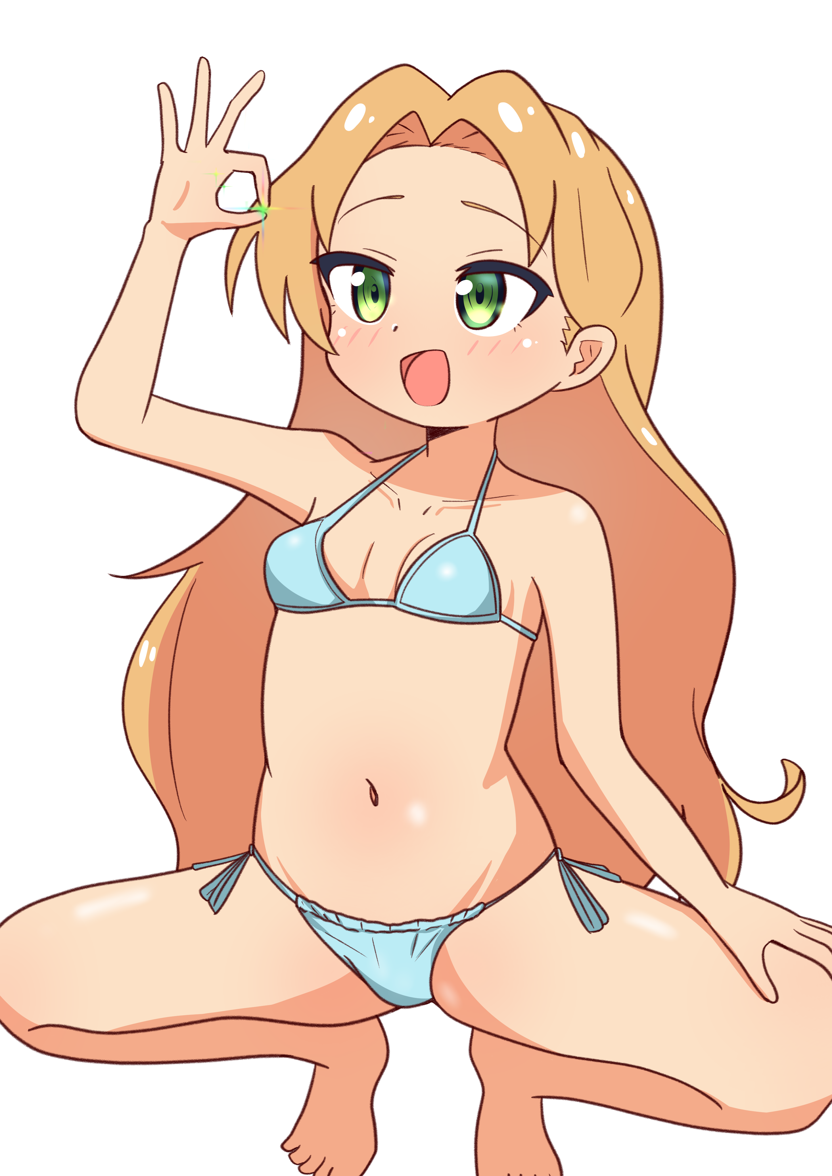 gtmd0gjamw, tanigawa ruri, ruri no houseki, absurdres, commentary request, highres, revision, 1girl, :d, barefoot, bikini, blue bikini, breasts, brown hair, collarbone, gem, green eyes, holding, holding gem, long hair, navel, open mouth, side-tie bikini bottom, simple background, small breasts, smile, solo, spread legs, squatting, string bikini, swimsuit, white background