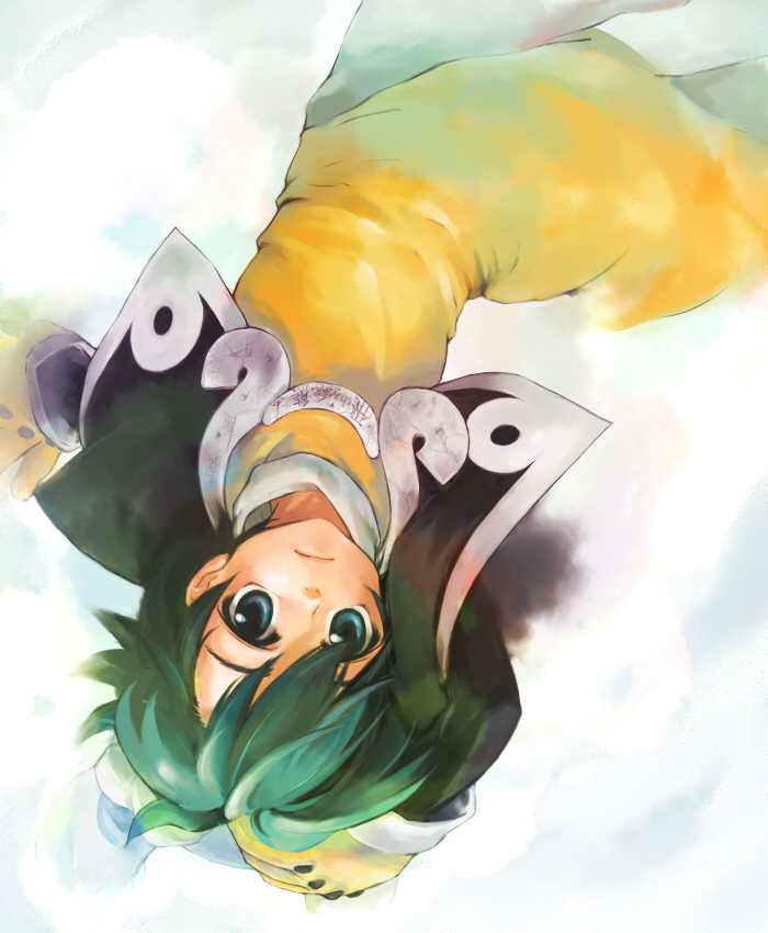 otaki55, taikoubou, houshin engi, 1990s (style), 1boy, aqua eyes, arm up, capelet, closed mouth, gloves, gradient background, green hair, looking at viewer, male focus, panties, retro artstyle, short hair, simple background, smile, solo, trap, underwear, upside-down, white background, yellow gloves, yellow panties