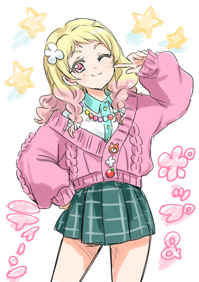 unya, onitsuka natsumi, love live!, love live! superstar!!, commentary, translation request, 1girl, ;3, aqua skirt, blonde hair, blue shirt, braid, cardigan, closed mouth, collared shirt, cowboy shot, flower, hair flower, hair ornament, hand on own hip, knit cardigan, long hair, looking at viewer, low twin braids, miniskirt, one eye closed, pink cardigan, pink eyes, pink hair, pleated skirt, shirt, simple background, skirt, sleeves past wrists, solo, star (symbol), twin braids, white background, white flower