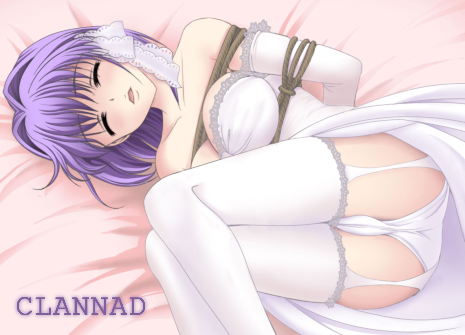 youshuu, fujibayashi ryou, clannad, 00s, 1girl, ass, bare shoulders, bdsm, bent over, bondage, bound, copyright name, dress, elbow gloves, female focus, garter straps, gloves, hair intakes, lying, on side, panties, skindentation, sleeping, solo, thighhighs, underwear, wedding dress, white thighhighs